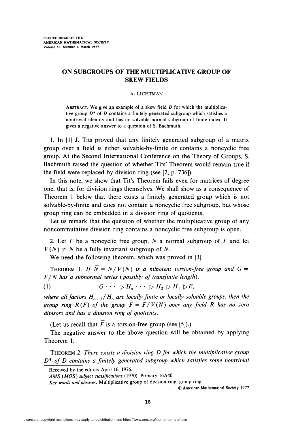 On Subgroups of the Multiplicative Group of Skew Fields