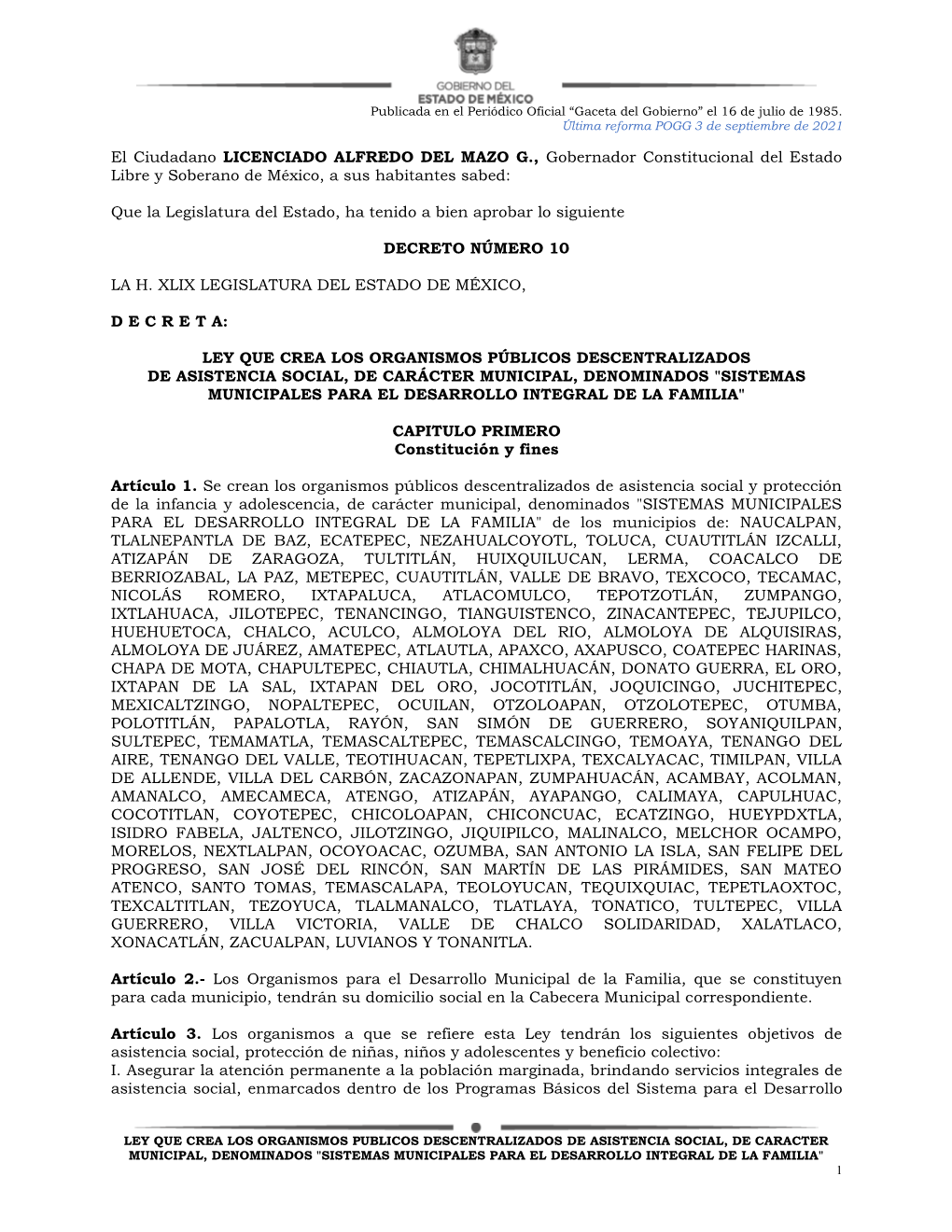 Ley Que Crea Los Organismos Públicos Descentralizados De Asistencia Social De Carácter Municipal Denominados