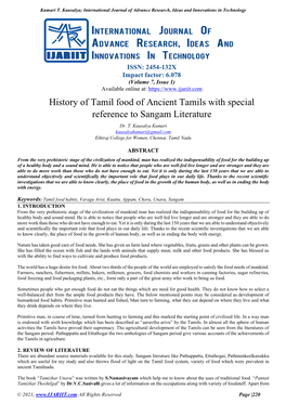 History of Tamil Food of Ancient Tamils with Special Reference to Sangam Literature Dr