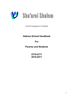 Hebrew School Handbook for Parents and Students 5770-5771