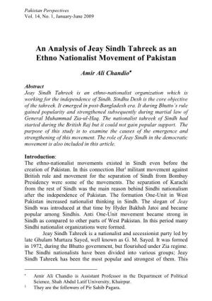 An Analysis of Jeay Sindh Tahreek As an Ethno Nationalist Movement of Pakistan