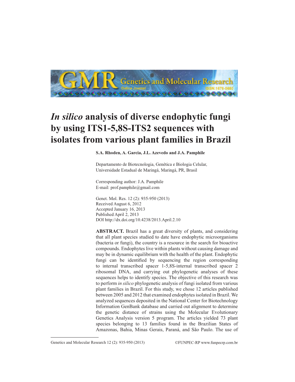 In Silico Analysis of Diverse Endophytic Fungi by Using ITS1-5,8S-ITS2 Sequences with Isolates from Various Plant Families in Brazil