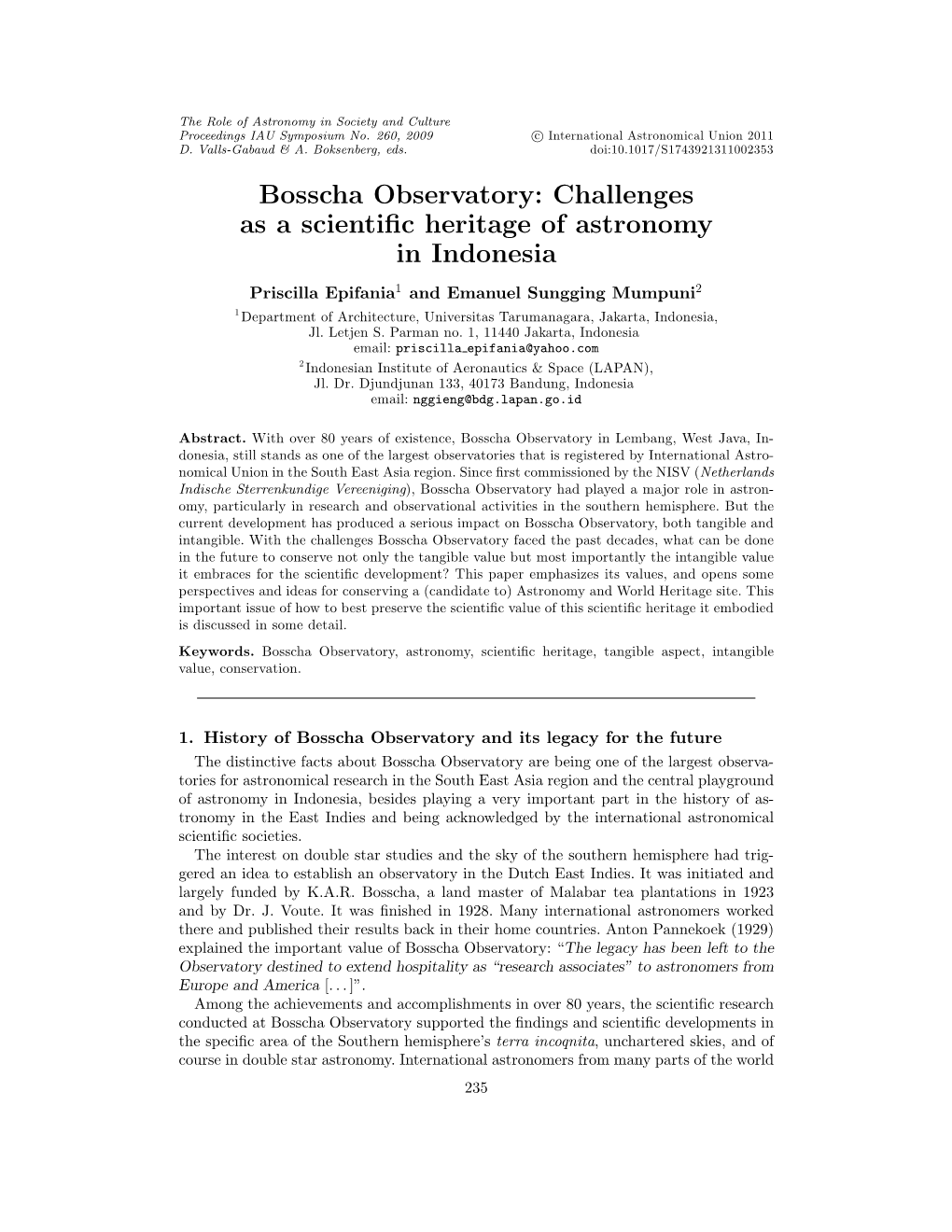 Bosscha Observatory: Challenges As a Scientific Heritage of Astronomy In