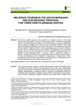 Religious Tourism in the South-Moravian and Zlín Regions: Proposal for Three New Pilgrimage Routes