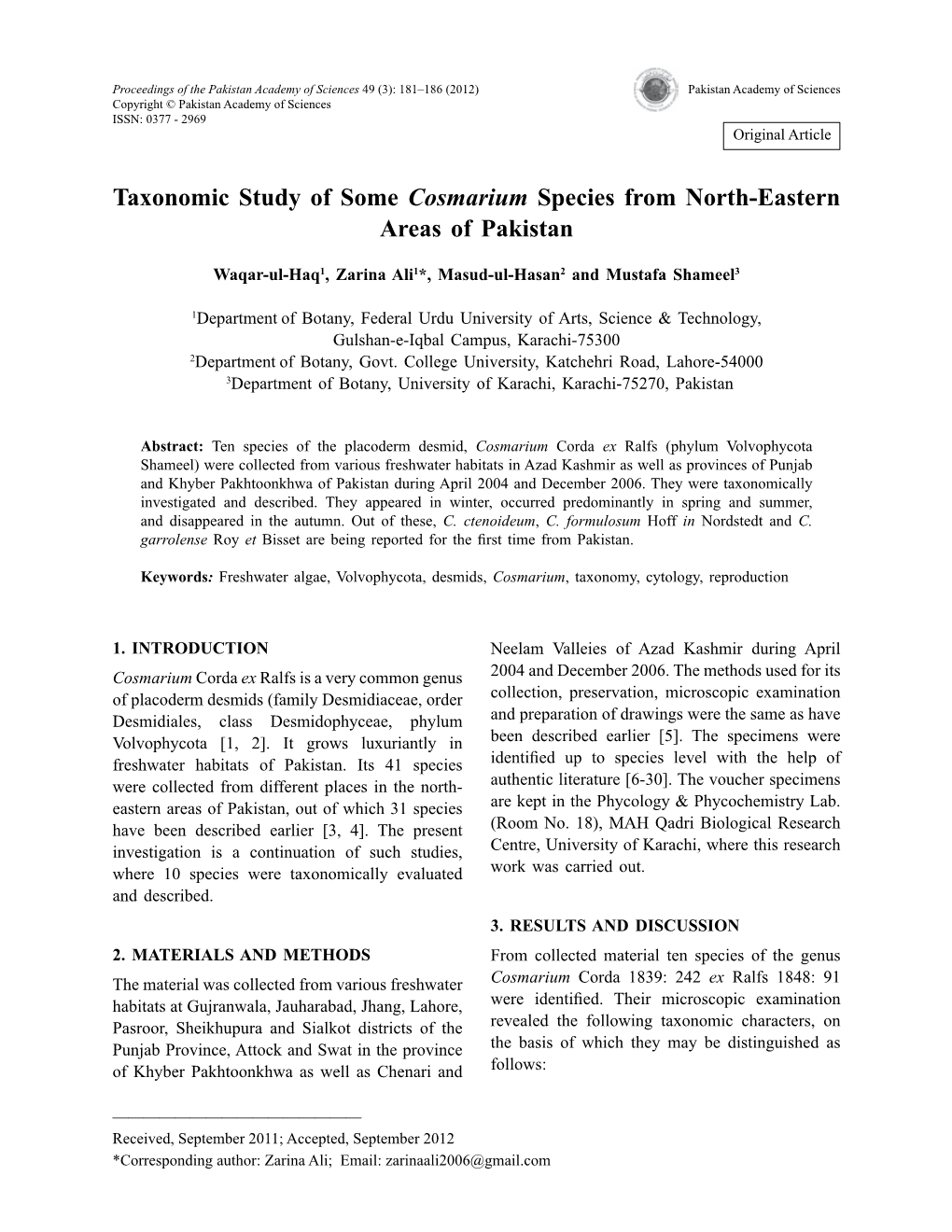 Taxonomic Study of Some Cosmarium Species from North-Eastern Areas of Pakistan