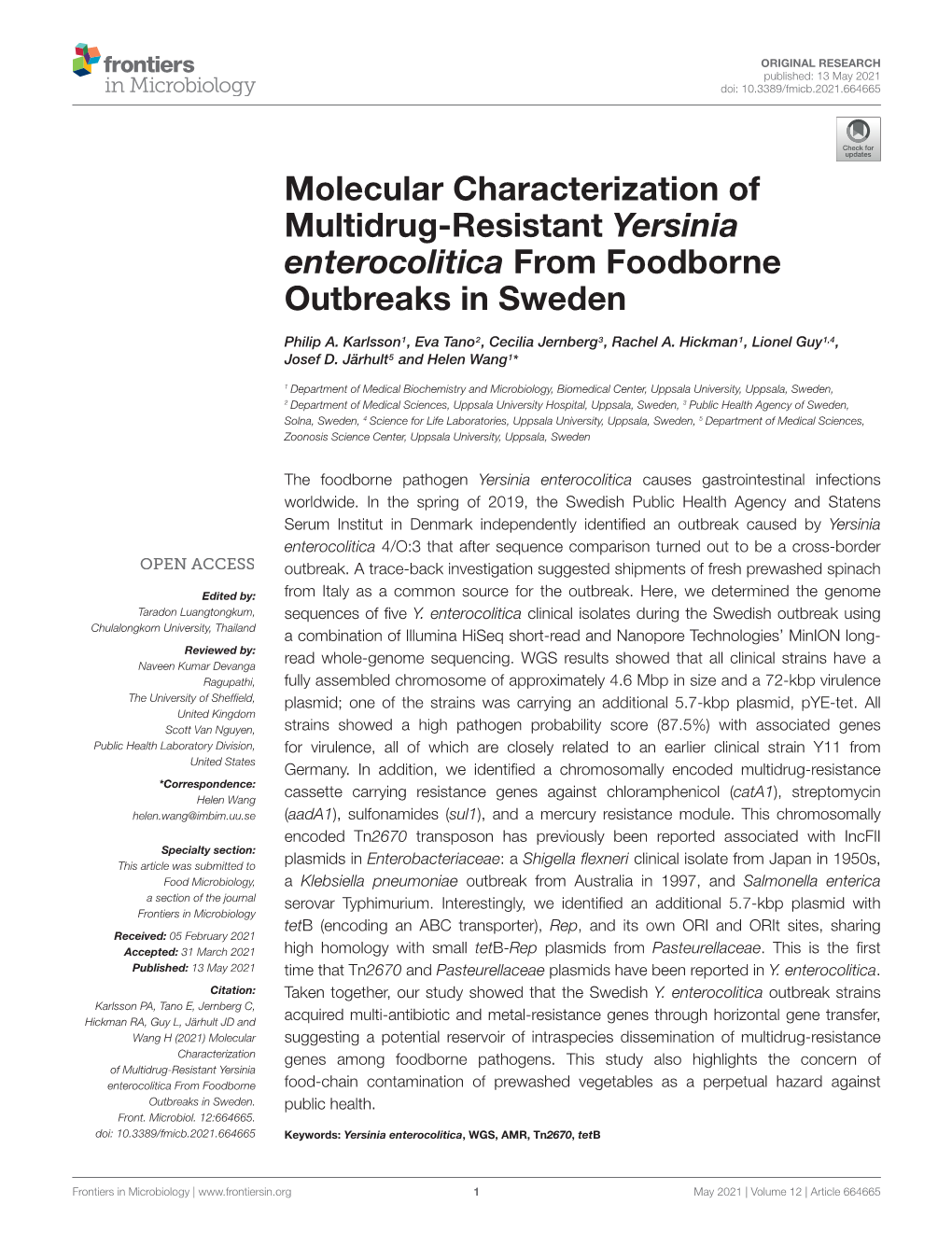 Molecular Characterization of Multidrug-Resistant Yersinia Enterocolitica from Foodborne Outbreaks in Sweden