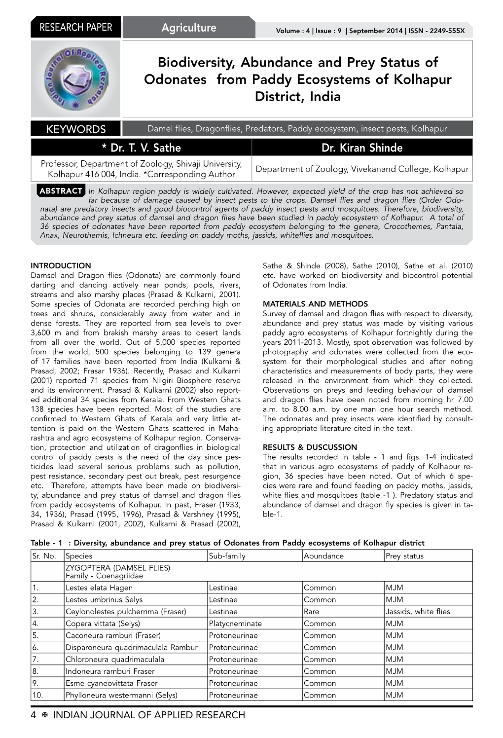 Biodiversity, Abundance and Prey Status of Odonates from Paddy Ecosystems of Kolhapur District, India