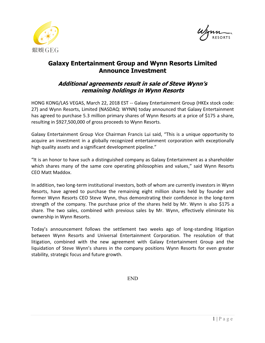 Galaxy Entertainment Group and Wynn Resorts Limited Announce Investment