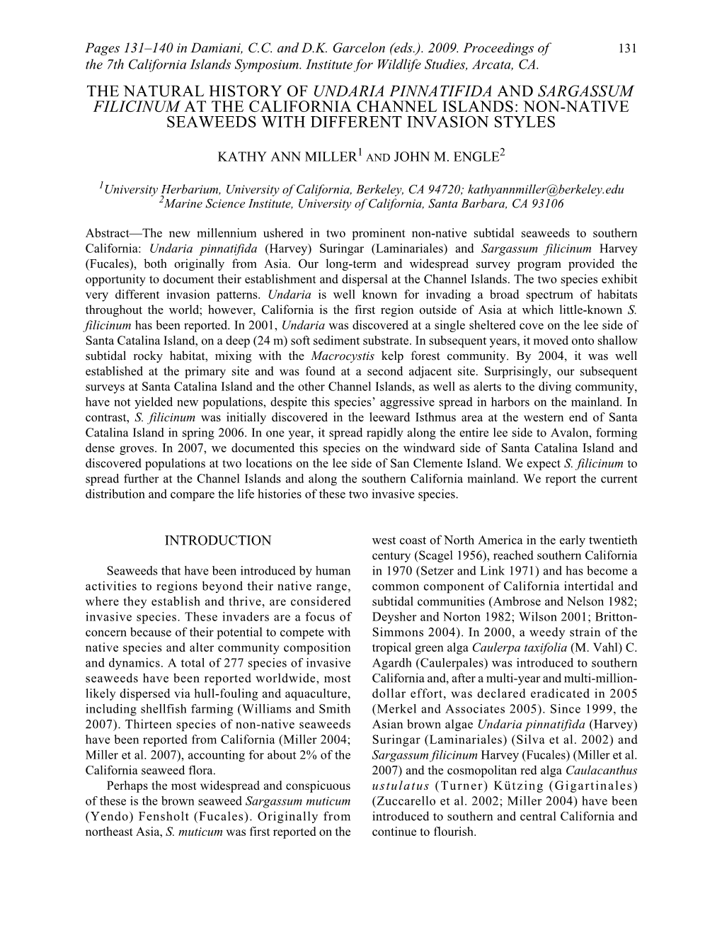 The Natural History of Undaria Pinnatifida and Sargassum Filicinum at the California Channel Islands: Non-Native Seaweeds with Different Invasion Styles