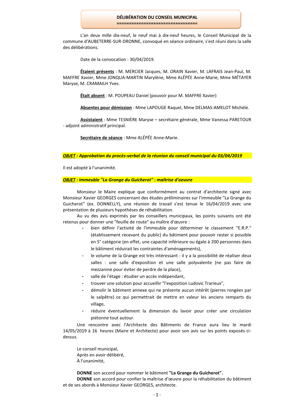 Délibération Du Conseil Municipal ======