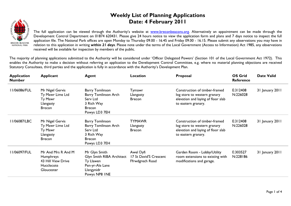 Weekly List of Planning Applications Date: 4 February 2011