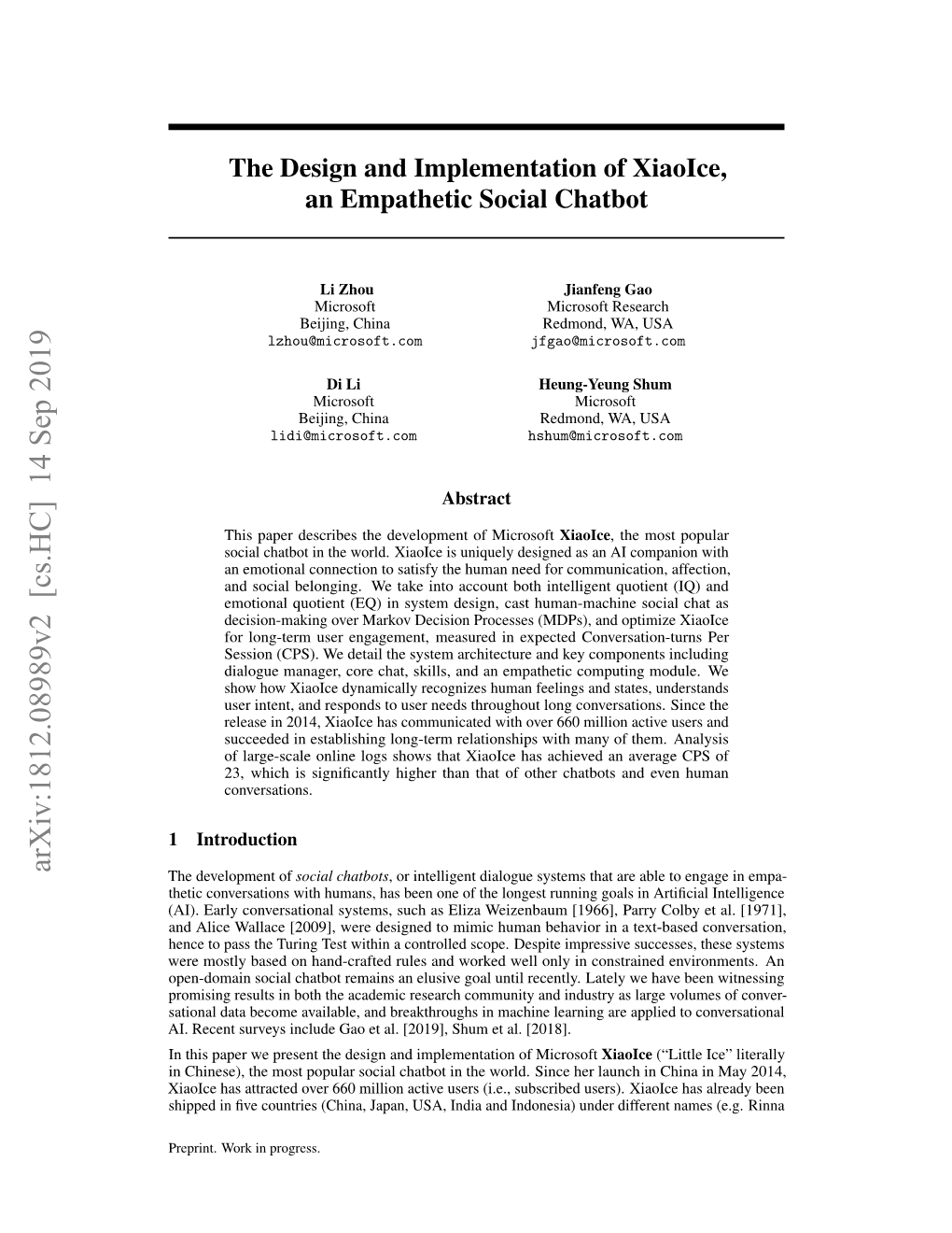 The Design and Implementation of Xiaoice, an Empathetic Social Chatbot