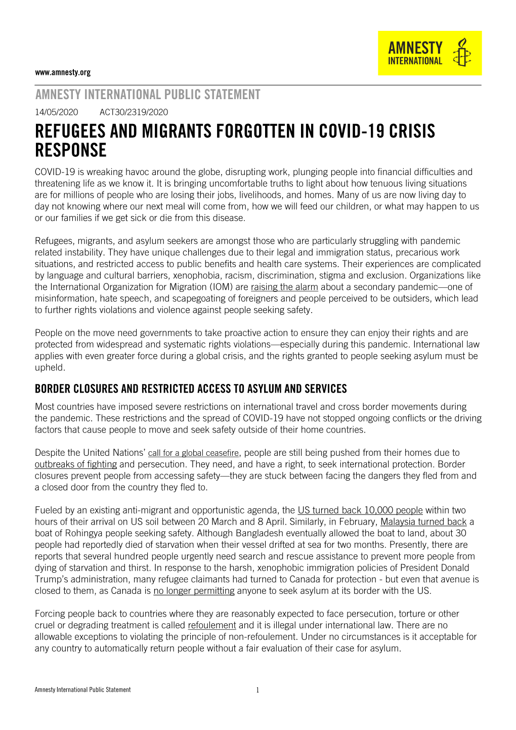 Refugees and Migrants Forgotten in COVID-19 Crisis Response