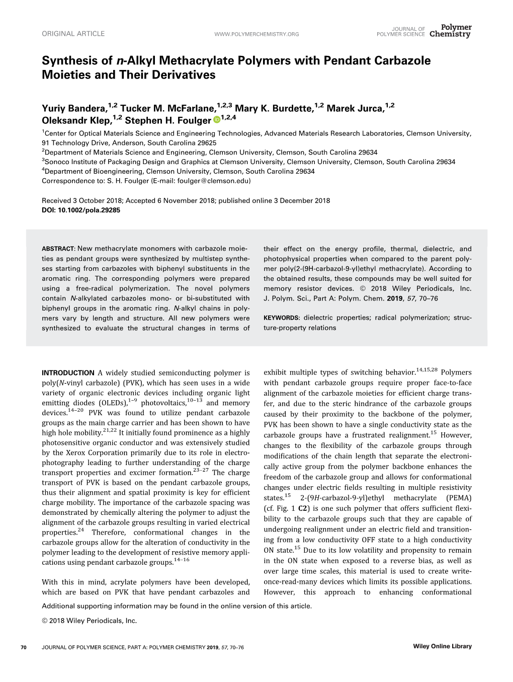 Synthesis of N-Alkyl Methacrylate Polymers with Pendant Carbazole Moieties and Their Derivatives