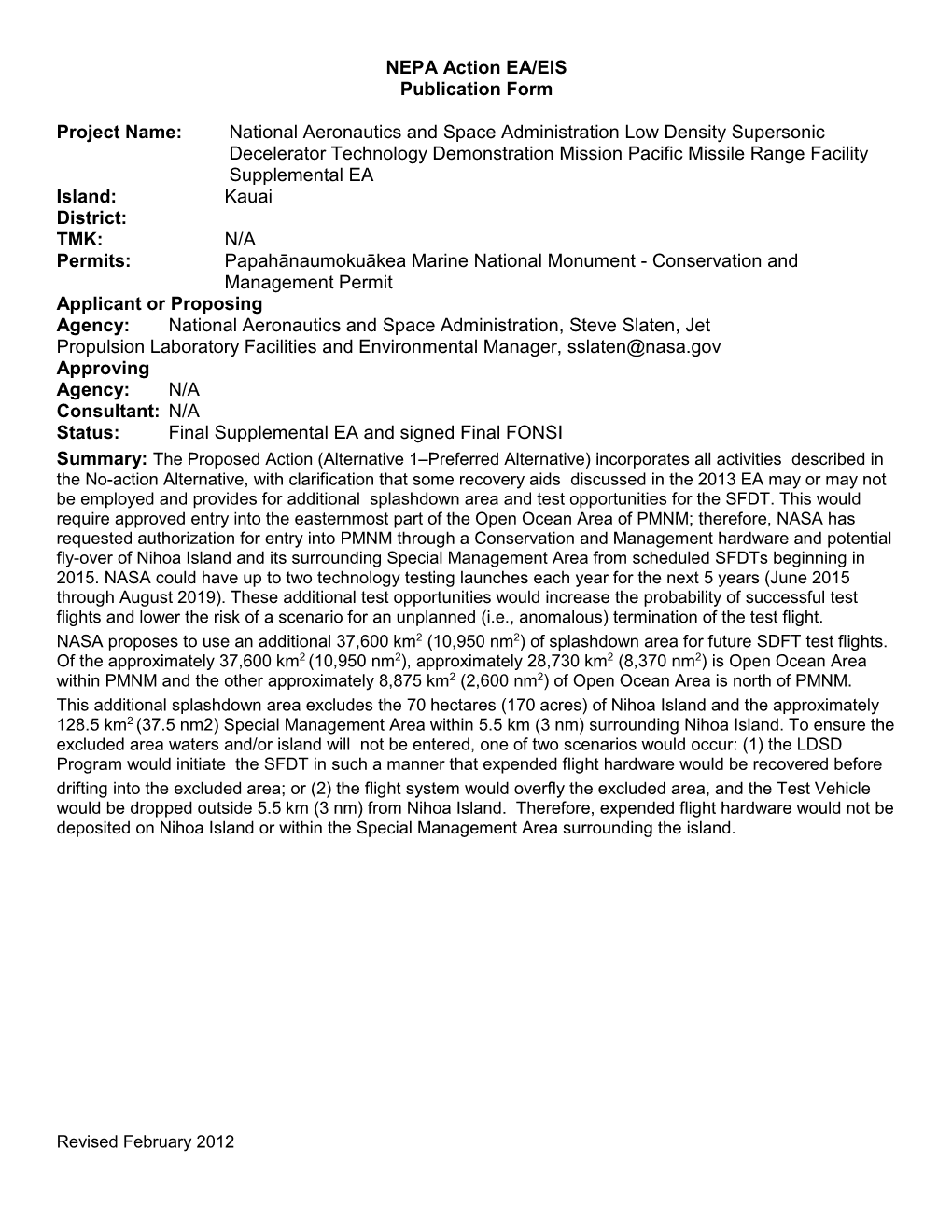 NEPA Action EA/EIS Publication Form Project Name: National Aeronautics