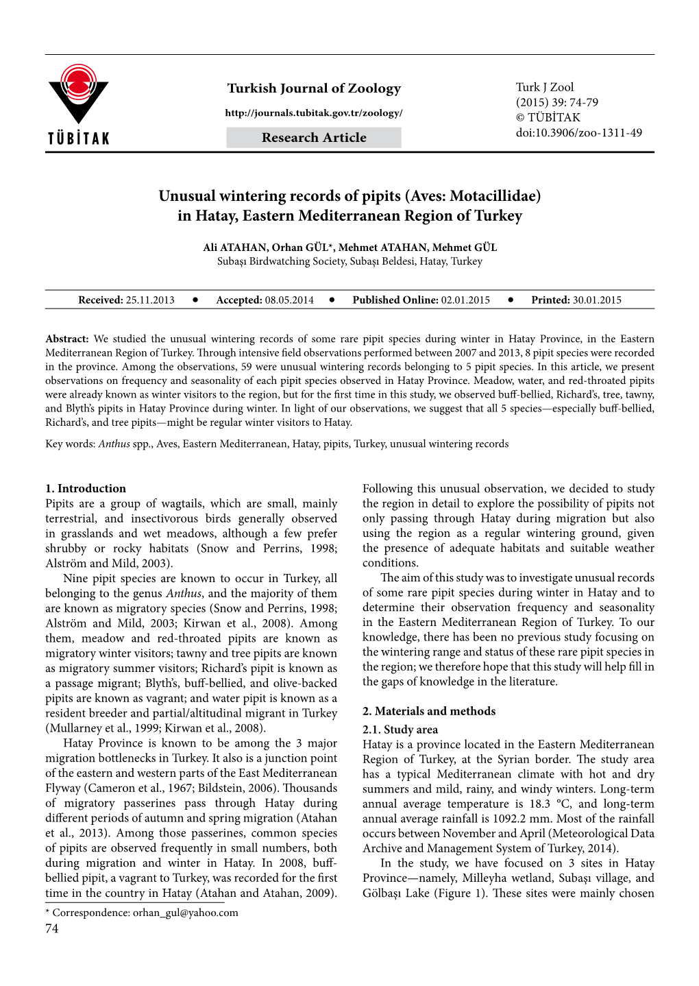 Unusual Wintering Records of Pipits (Aves: Motacillidae) in Hatay, Eastern Mediterranean Region of Turkey