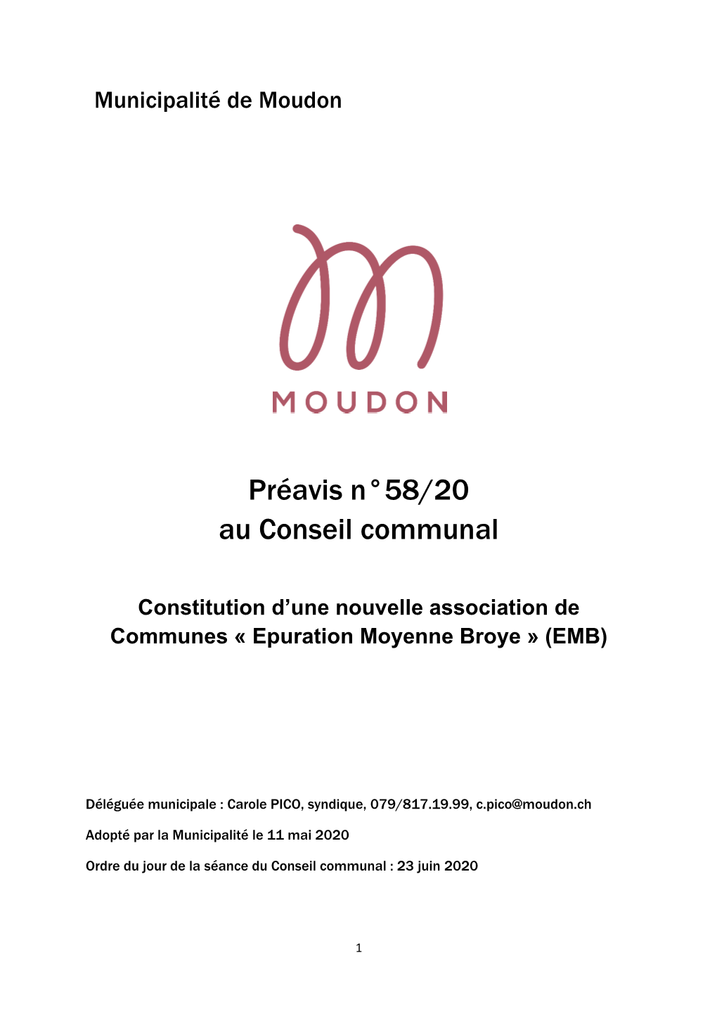 Préavis N°58/20 Au Conseil Communal