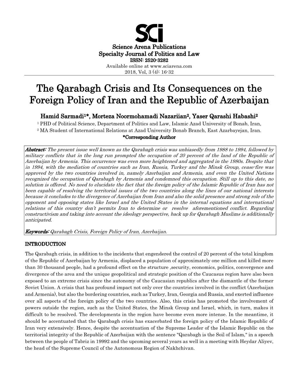 The Qarabagh Crisis and Its Consequences on the Foreign Policy of Iran and the Republic of Azerbaijan