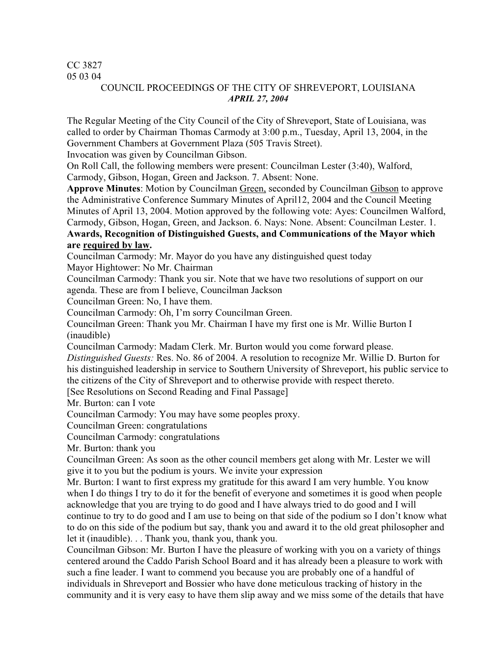 Cc 3827 05 03 04 Council Proceedings of the City of Shreveport, Louisiana April 27, 2004