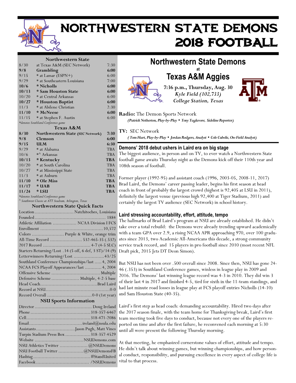 NORTHWESTERN STATE Demons 2018 FOOTBALL