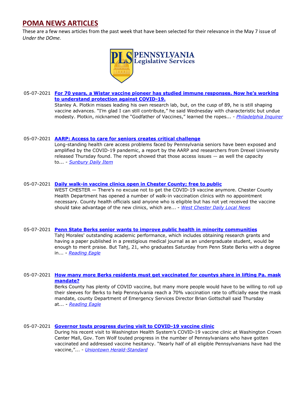 POMA NEWS ARTICLES These Are a Few News Articles from the Past Week That Have Been Selected for Their Relevance in the May 7 Issue of Under the Dome