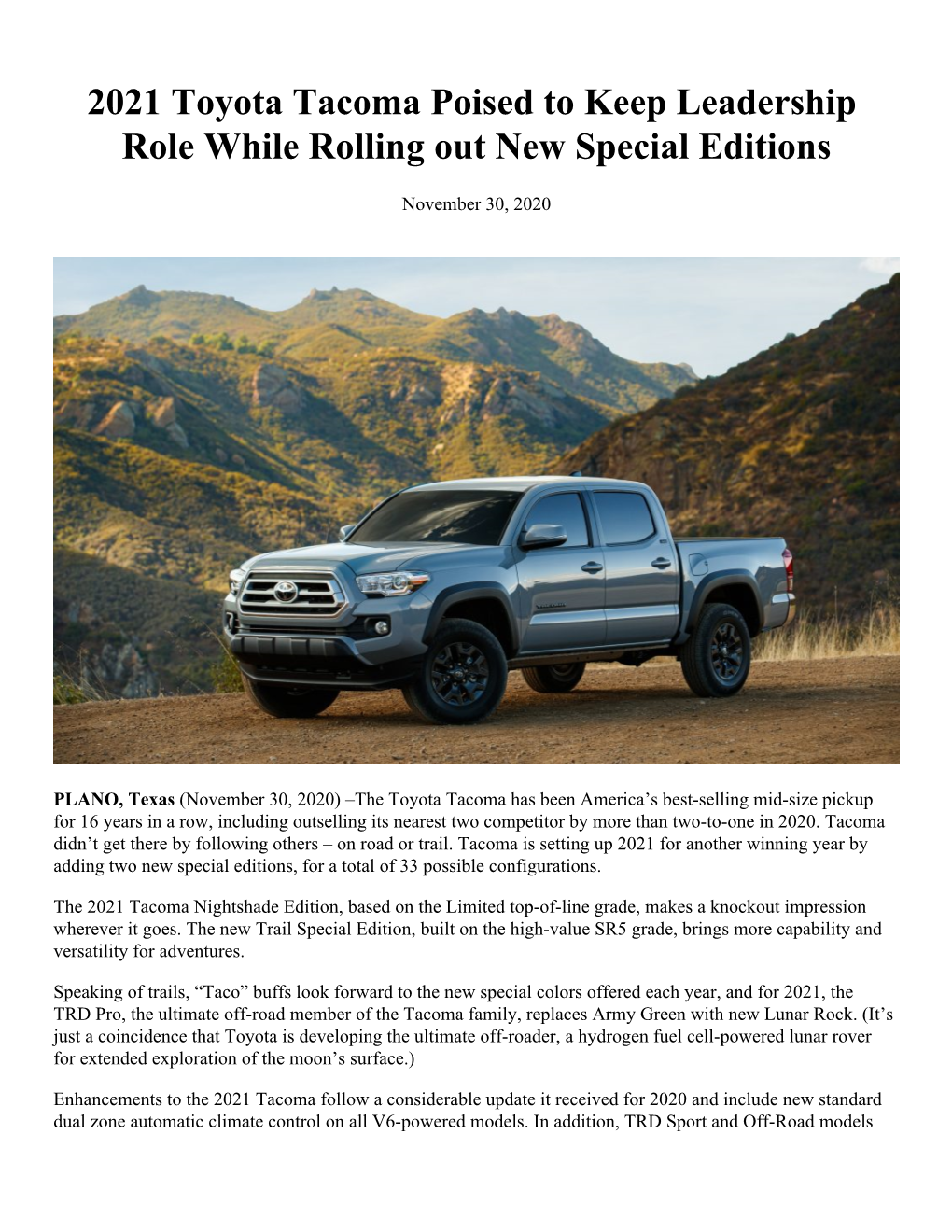 2021 Toyota Tacoma Poised to Keep Leadership Role While Rolling out New Special Editions