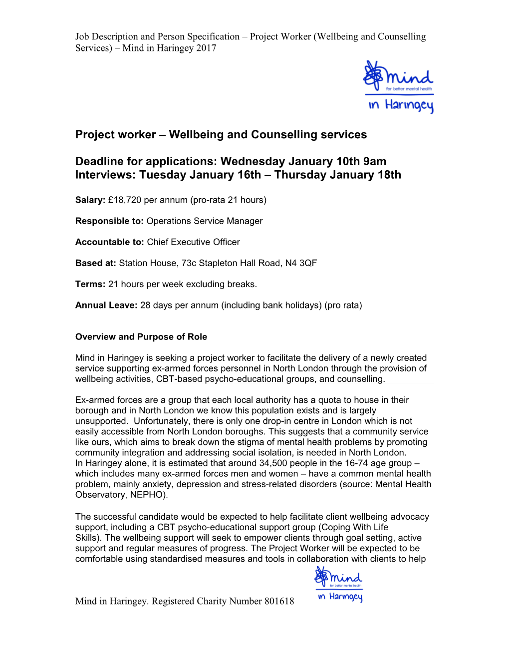 Project Worker Wellbeing and Counselling Services