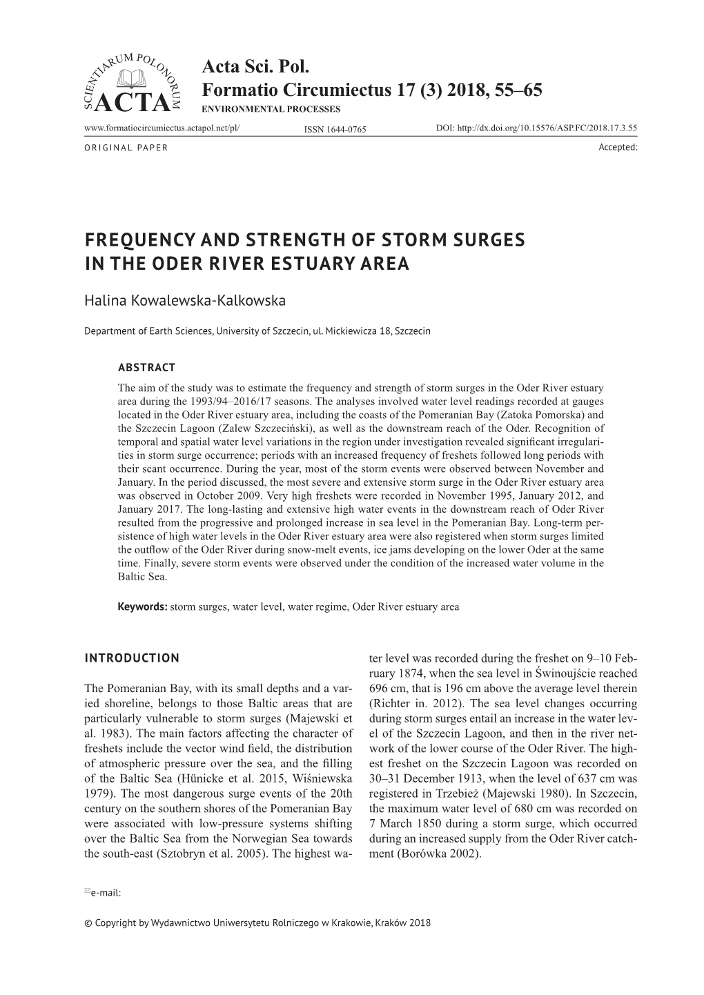 2018, 55–65 Frequency and Strength of Storm Surges in the Oder River