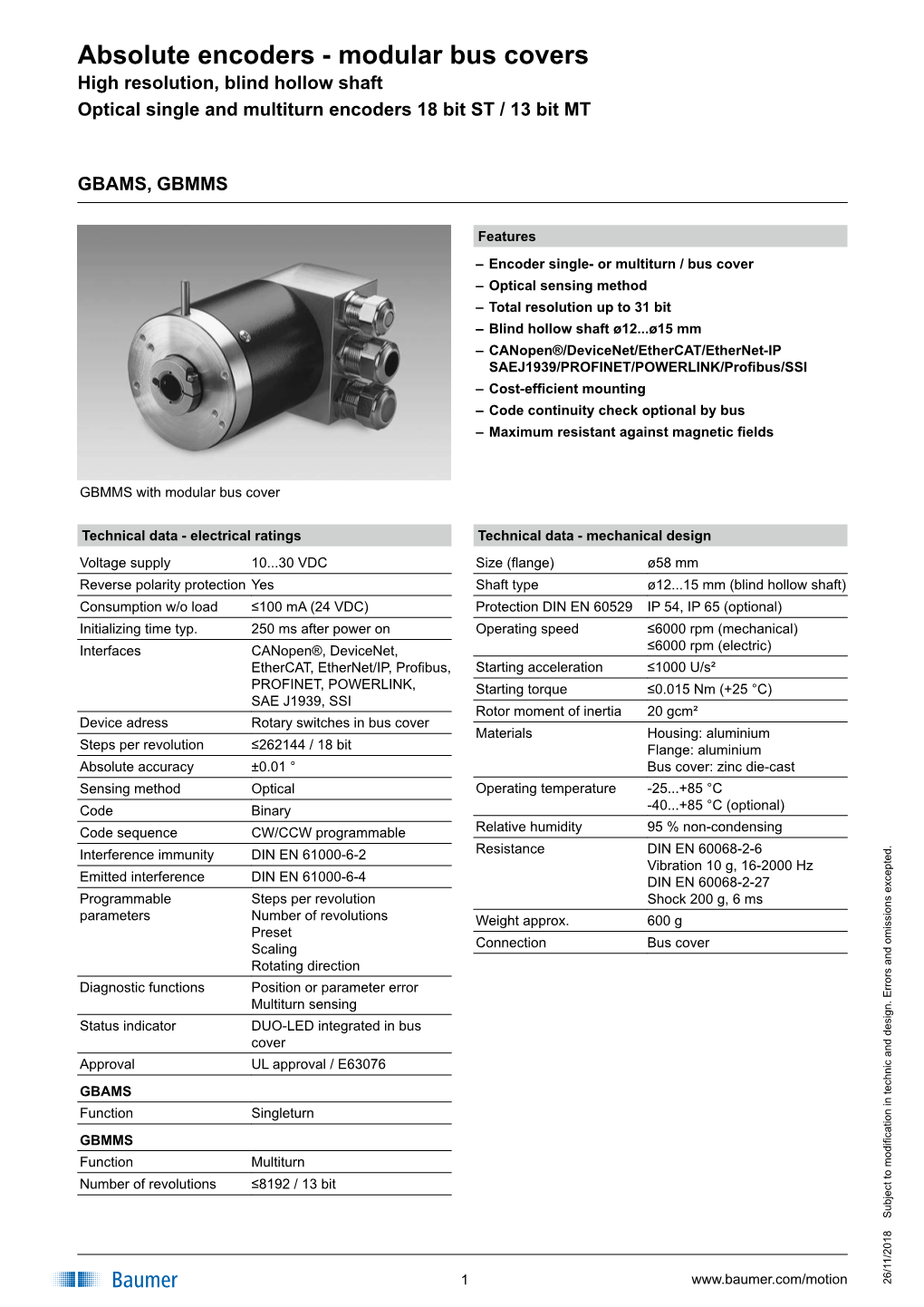 Absolute Encoders - Modular Bus Covers High Resolution, Blind Hollow Shaft Optical Single and Multiturn Encoders 18 Bit ST / 13 Bit MT