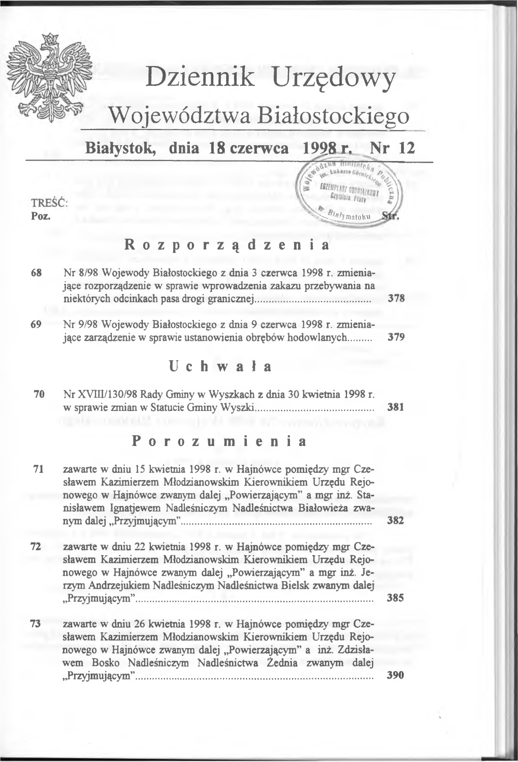 Dziennik Urzędowy Województwa Białostockiego Białystok, Dnia 18 Czerwca 1998 R
