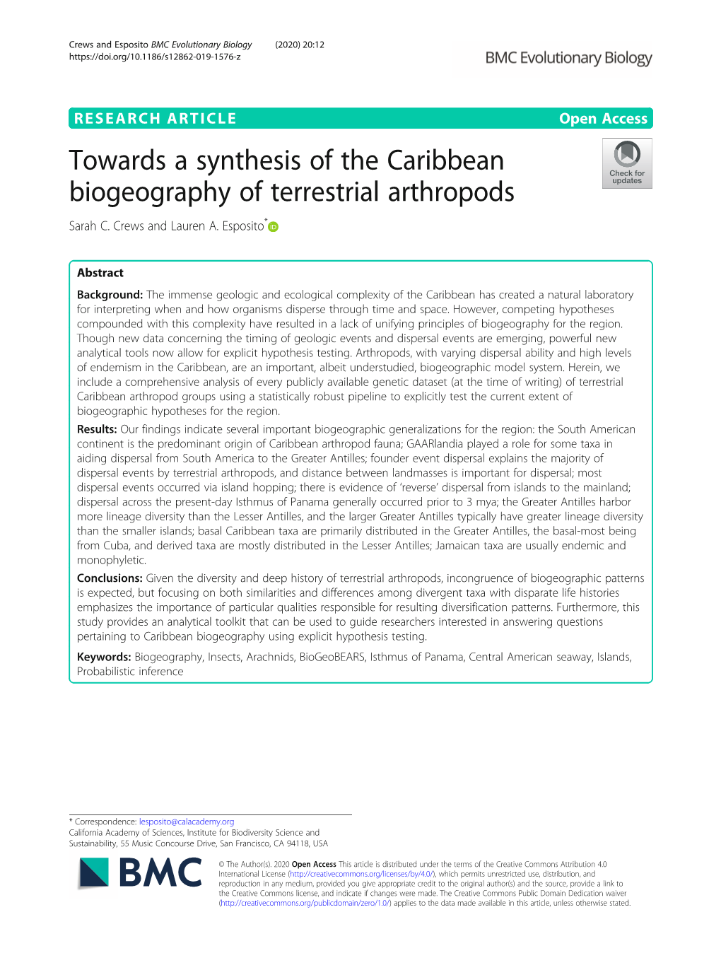 Towards a Synthesis of the Caribbean Biogeography of Terrestrial Arthropods Sarah C