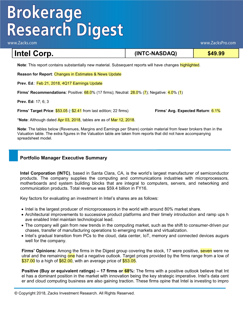 Reason for Report : Changes in Estimates & News Update