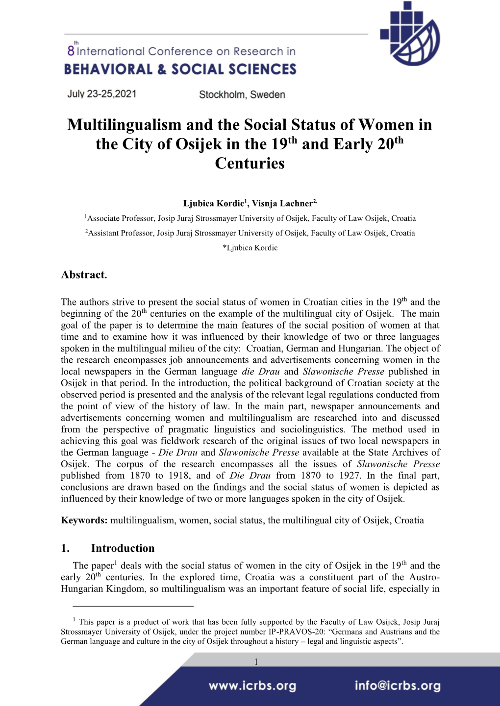 Multilingualism and the Social Status of Women in the City of Osijek in the 19Th and Early 20Th Centuries