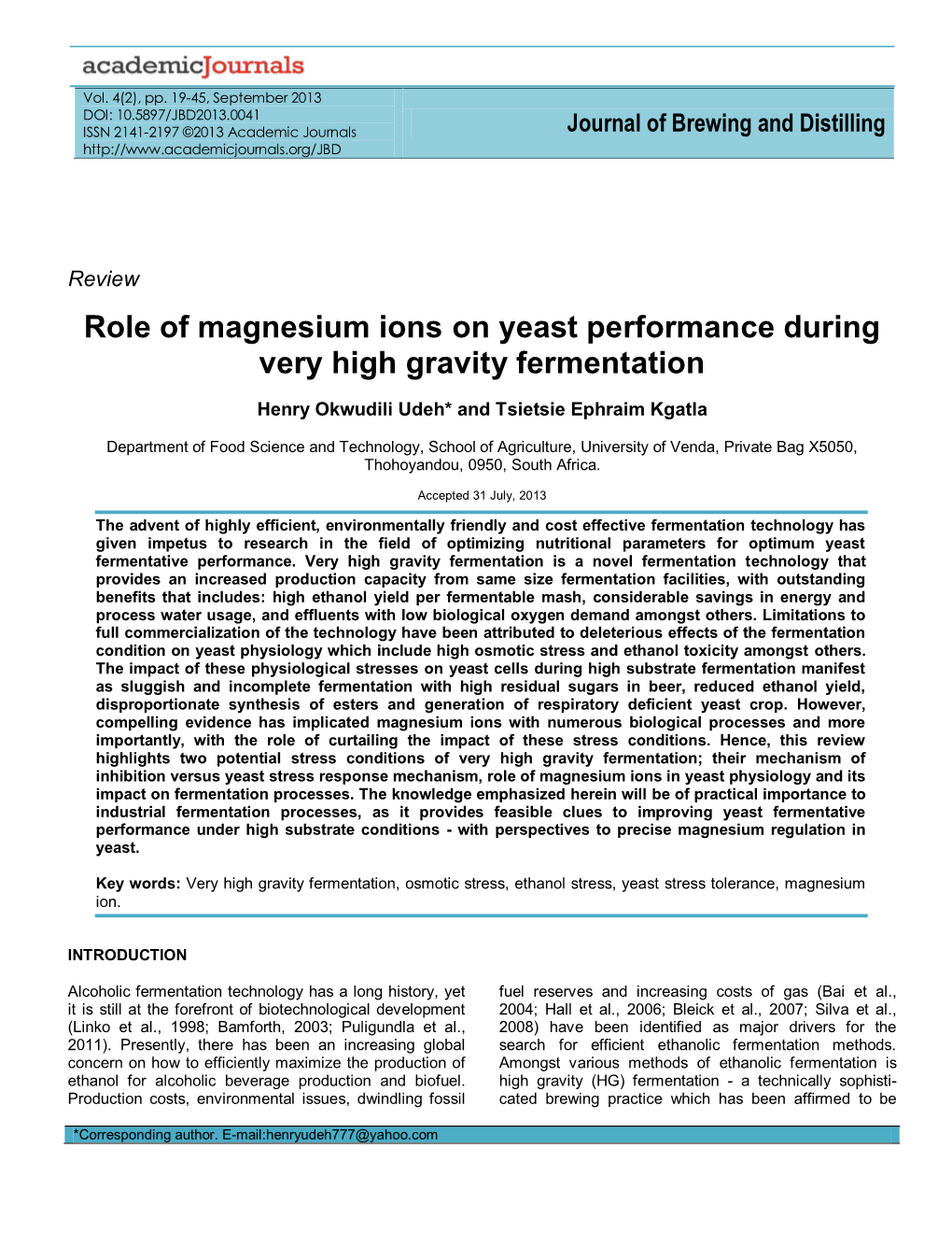 Role of Magnesium Ions on Yeast Performance During Very High Gravity Fermentation