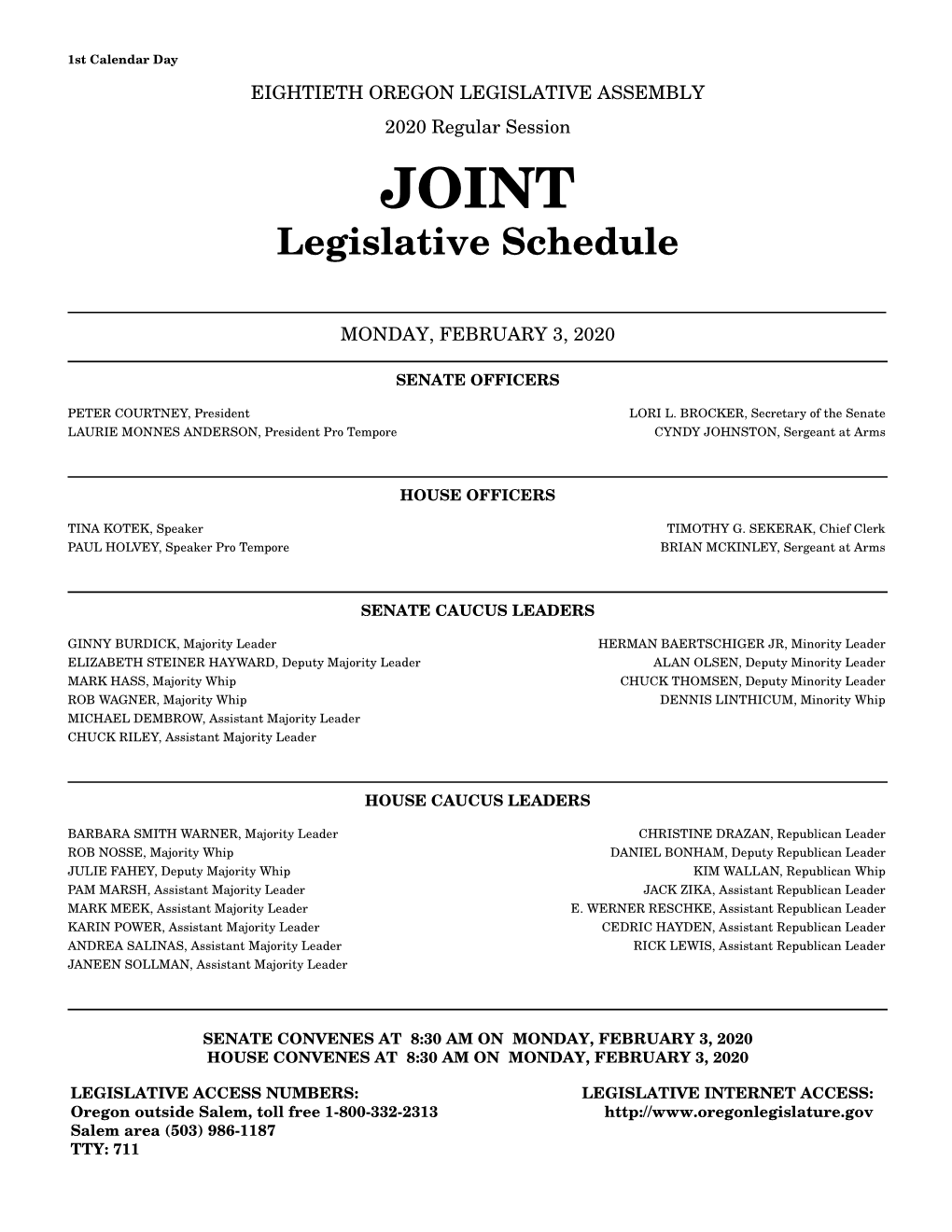 Legislative Schedule