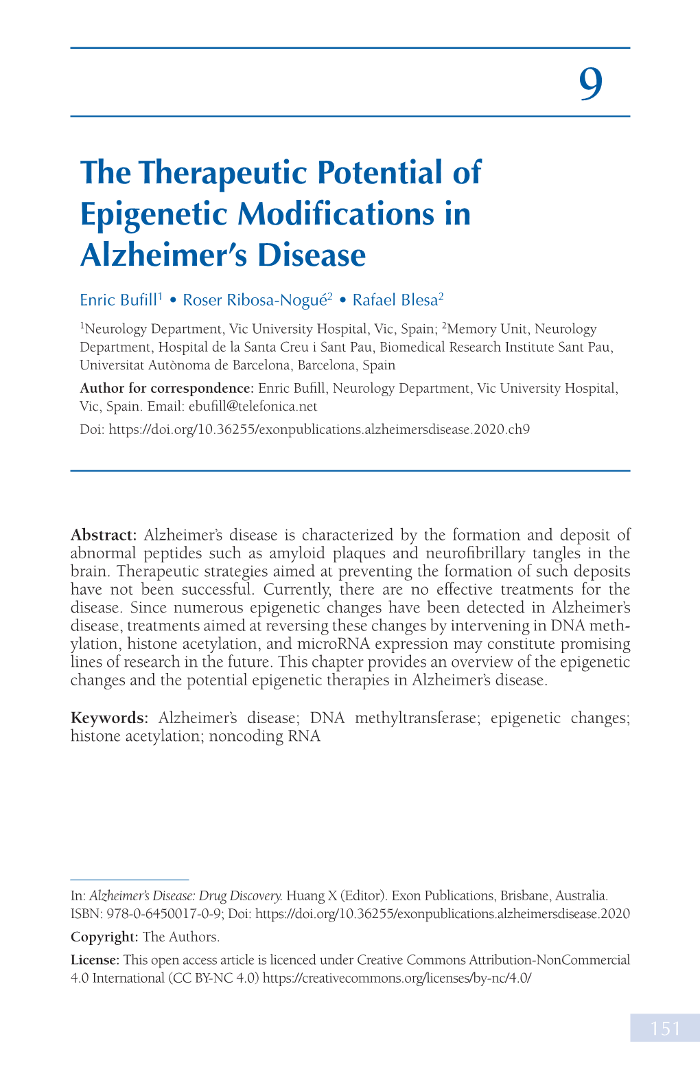 The Therapeutic Potential of Epigenetic Modifications in Alzheimer’S Disease