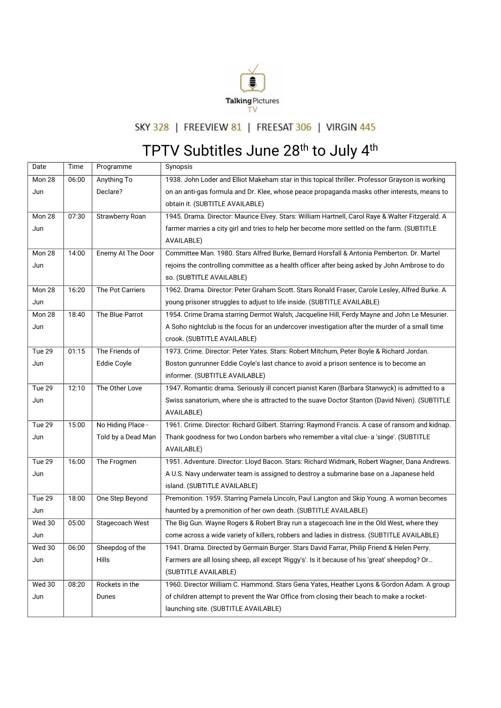 TPTV Subtitles June 28Th to July 4Th Date Time Programme Synopsis Mon 28 06:00 Anything to 1938