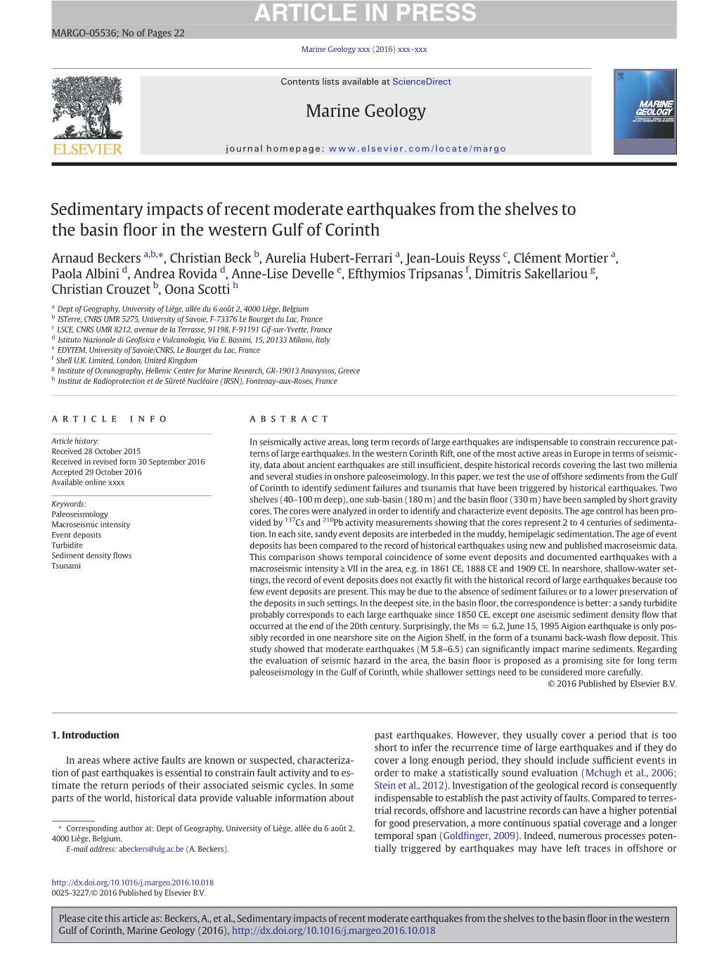 Sedimentary Impacts of Recent Moderate Earthquakes from the Shelves to the Basin ﬂoor in the Western Gulf of Corinth