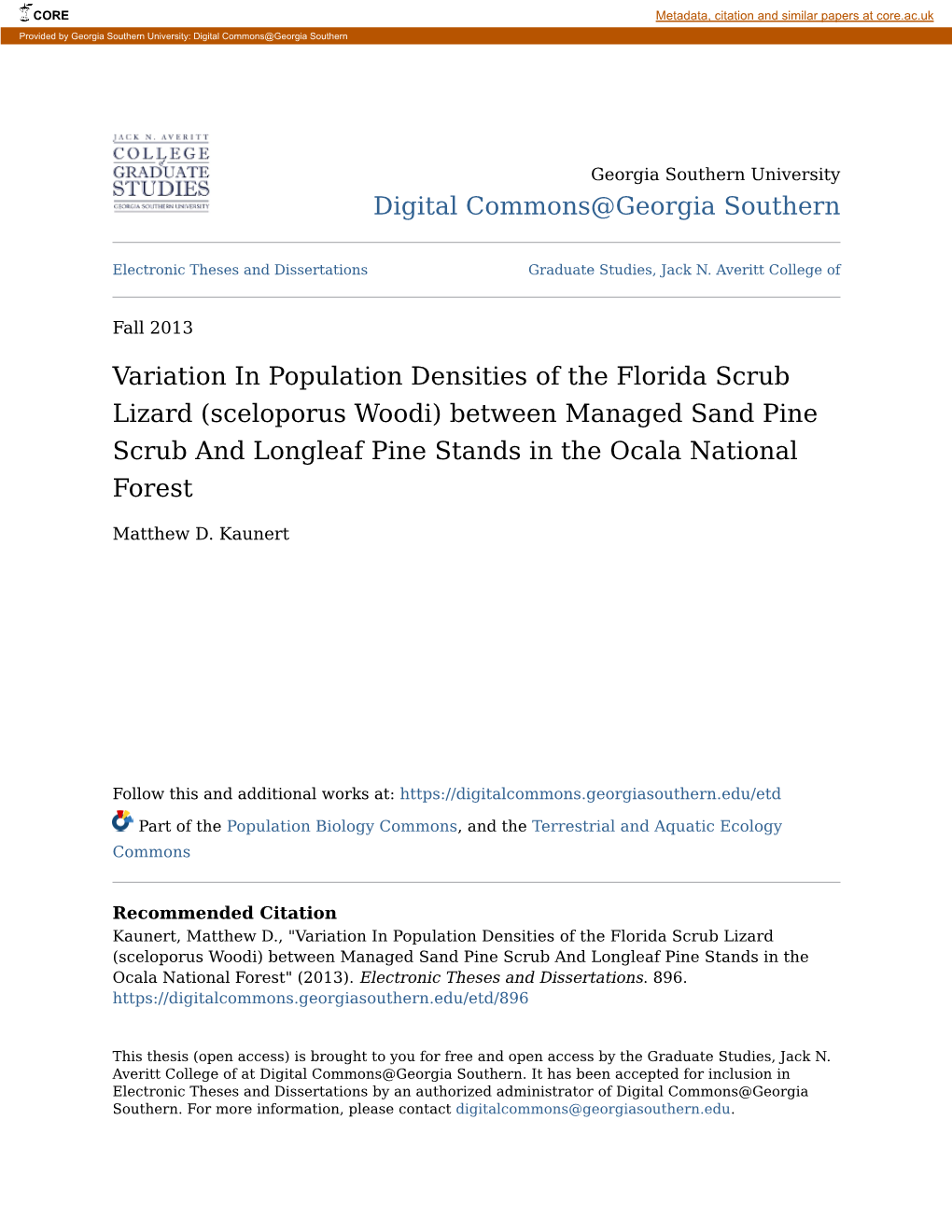 Variation in Population Densities of the Florida Scrub Lizard (Sceloporus Woodi) Between Managed Sand Pine Scrub and Longleaf Pi