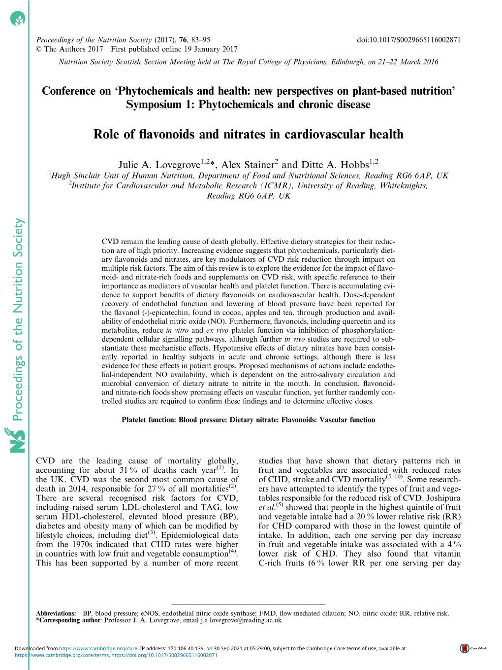 Role of Flavonoids and Nitrates in Cardiovascular Health Proceedings