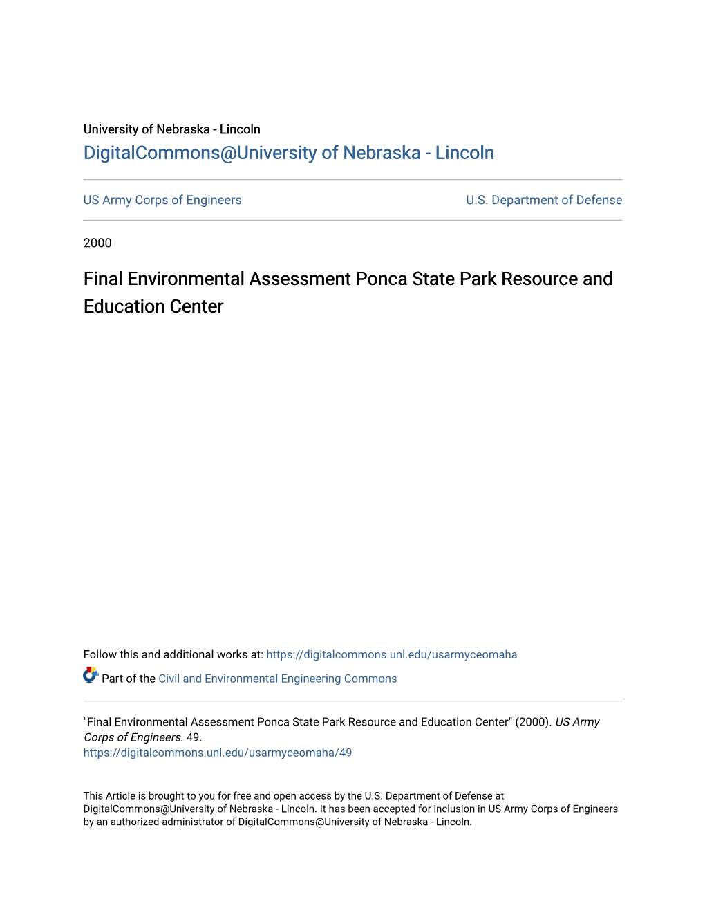 Final Environmental Assessment Ponca State Park Resource and Education Center