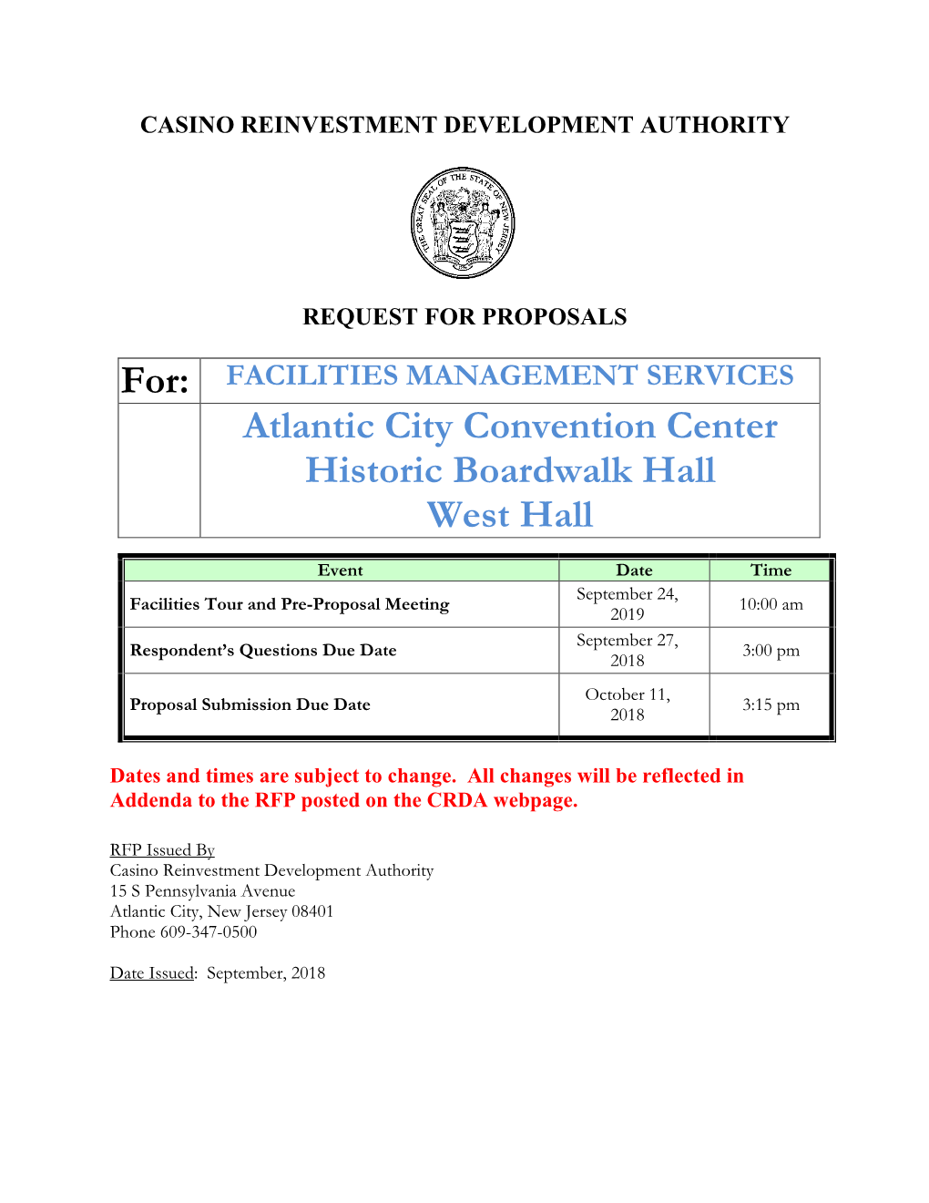 FACILITIES MANAGEMENT SERVICES Atlantic City Convention Center Historic Boardwalk Hall West Hall