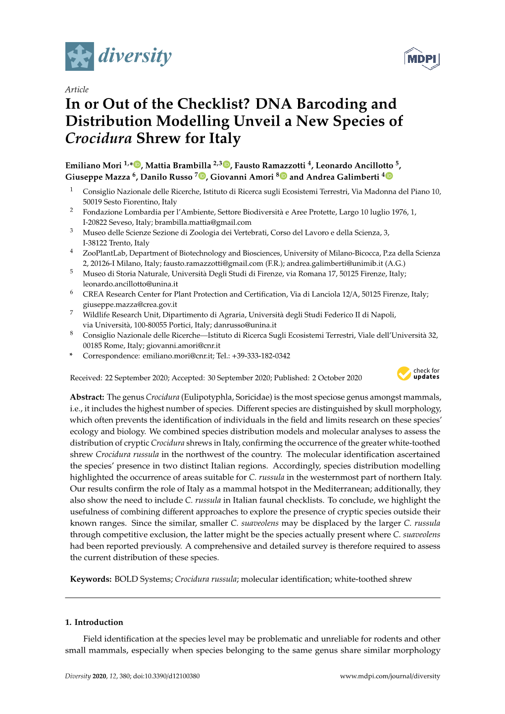 DNA Barcoding and Distribution Modelling Unveil a New Species of Crocidura Shrew for Italy