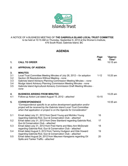 GABRIOLA ISLAND LOCAL TRUST COMMITTEE to Be Held at 10:15 AM on Thursday, September 6, 2012 at the Women’S Institute, 476 South Road, Gabriola Island, BC