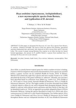 Hoya Undulata (Apocynaceae, Asclepiadoideae), a New Myrmecophytic Species from Borneo, and Typification of H