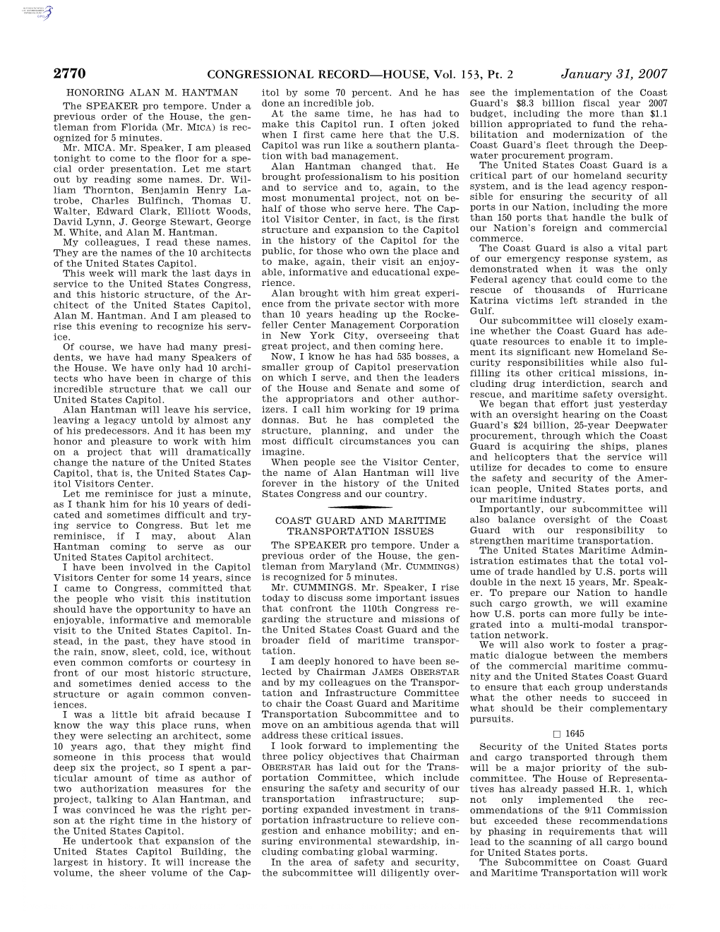 CONGRESSIONAL RECORD—HOUSE, Vol. 153, Pt. 2 January 31, 2007 HONORING ALAN M