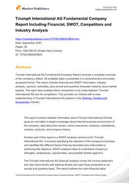 Triumph International AG Fundamental Company Report Including Financial, SWOT, Competitors and Industry Analysis