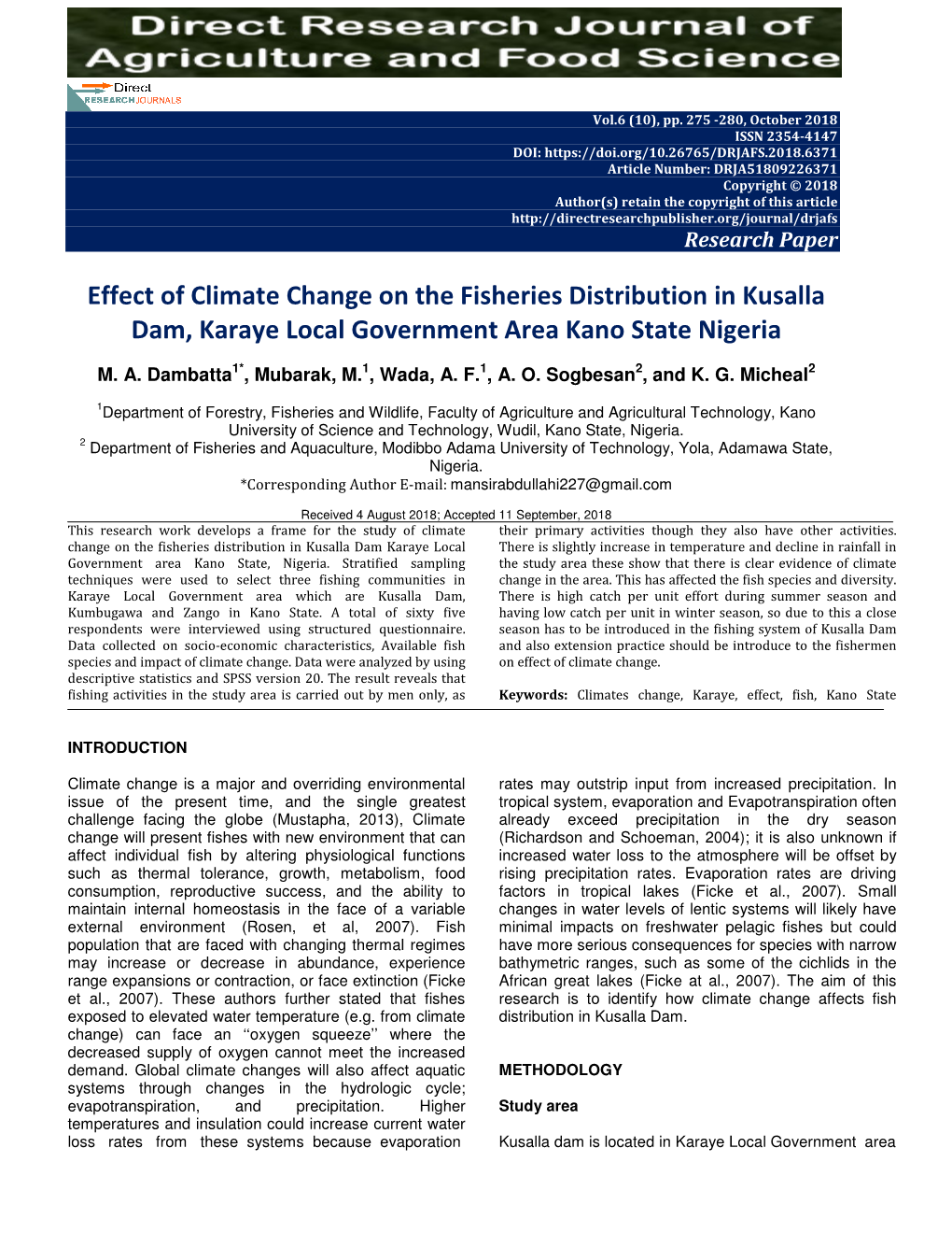 Effect of Climate Change on the Fisheries Distribution in Kusalla Dam, Karaye Local Government Area Kano State Nigeria