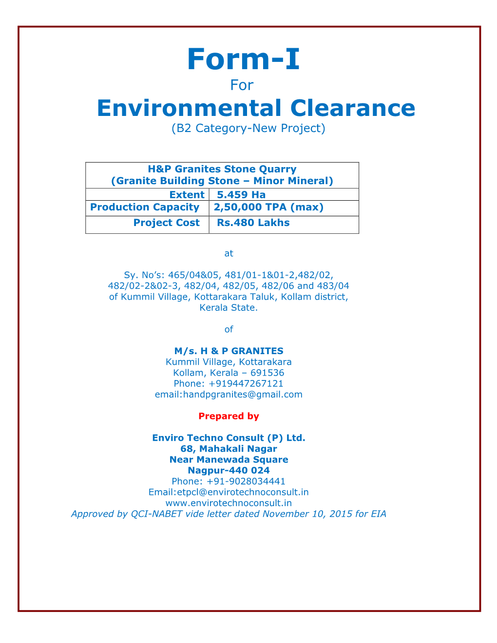 Form-I for Environmental Clearance (B2 Category-New Project)