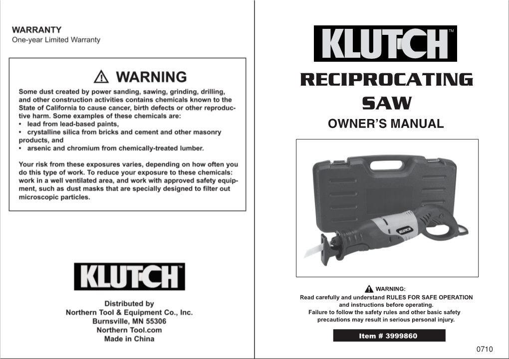 Reciprocating Saw Owner’S Manual
